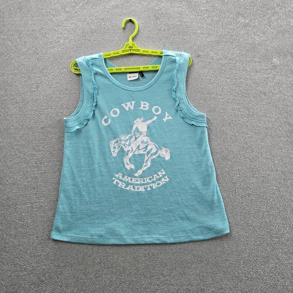 Cruel Denim Women Tank Top L Blue Graphic Ruffle Crew Neck Pullover